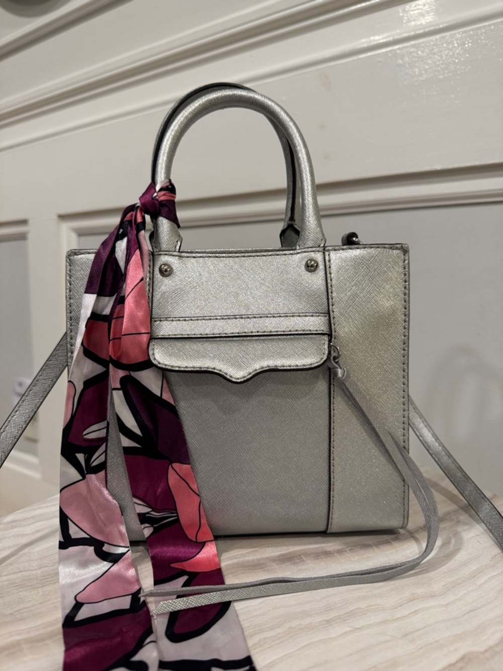 Rebecca Minkoff Mini Tote M.A.B. Silver Saffiano Leather Crossbody - Picture 4 of 17